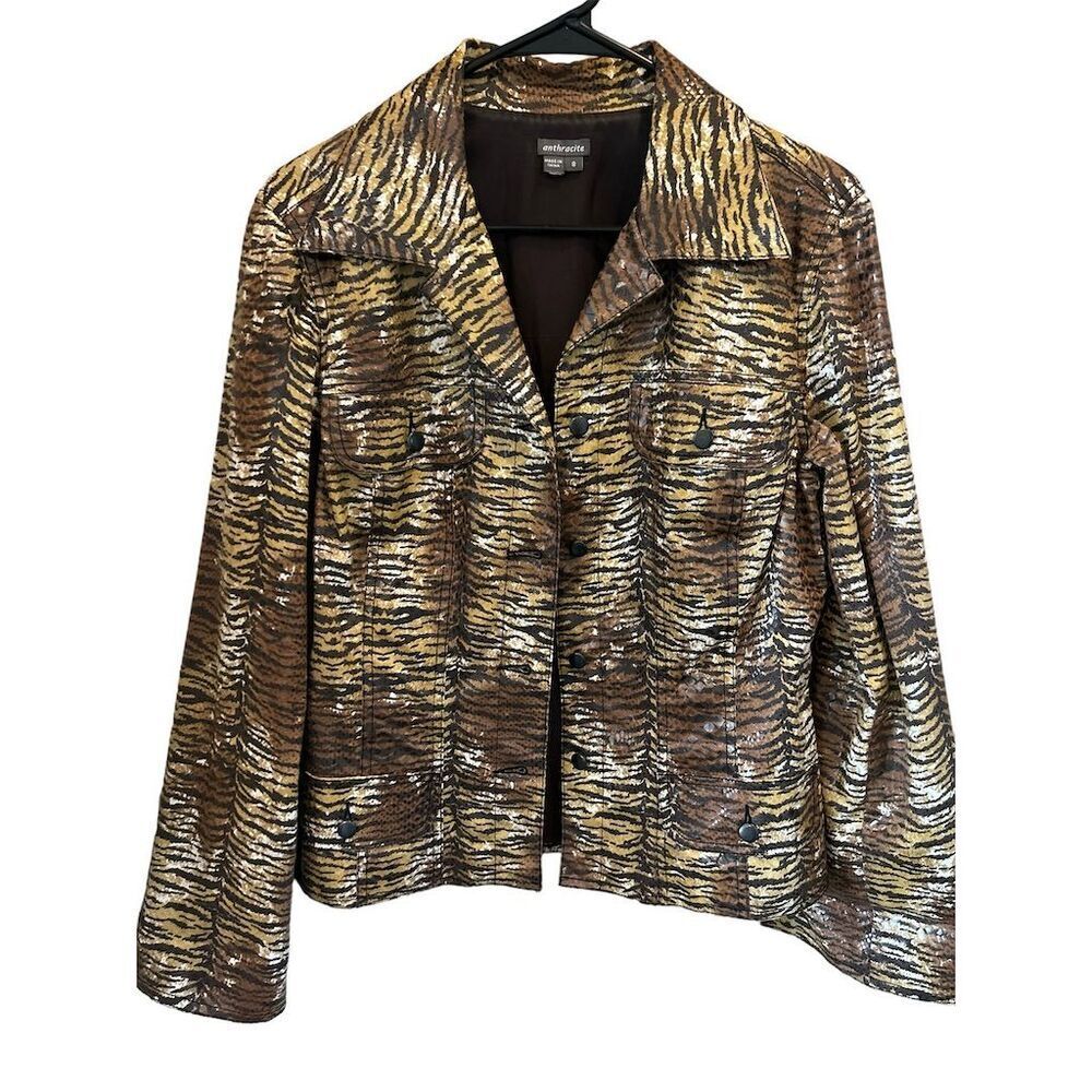 Anthracite jacket Women's Tiger Print   Size 8 Long Sleeve Button‎ Casual Formal